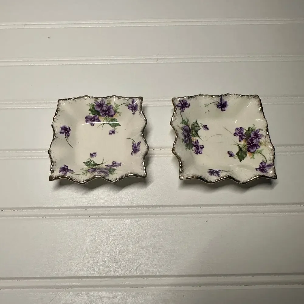 Two James Kent Longton #3090 Violet Trinket‎ Dishes with Ruffle Edges Gold Trim